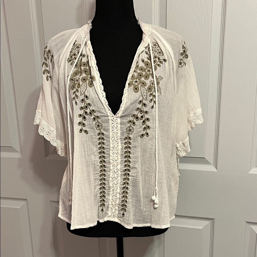 Free People White Peasant Blouse with Olive Embroidery